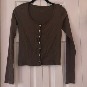 Brandy Melville Long Sleeve Ribbed Button Down Brown Top